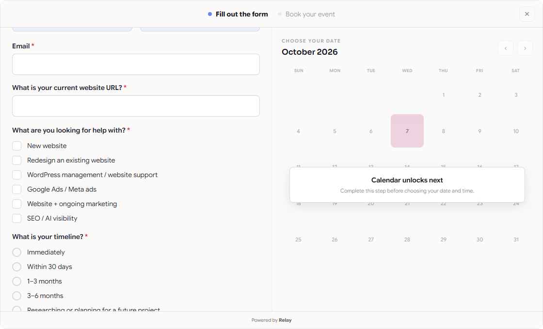 Relay Booking Engine qualifying questions with checkbox and multiple-choice answers